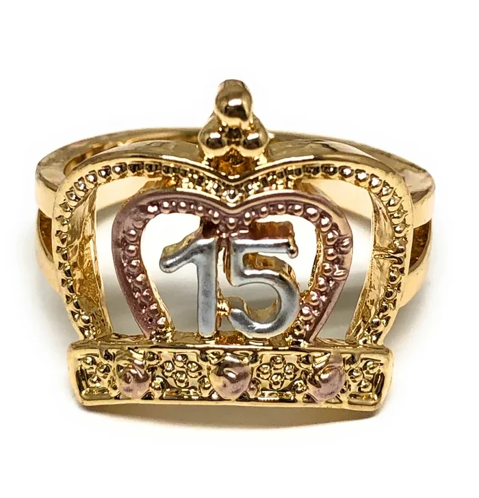 Gold Plated Tri-Color 15 Años Crown Ring Anillo