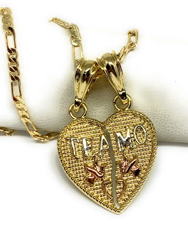 Gold Plated Tri-Color “Te Amo” Heart Split Pendant Necklace 24″