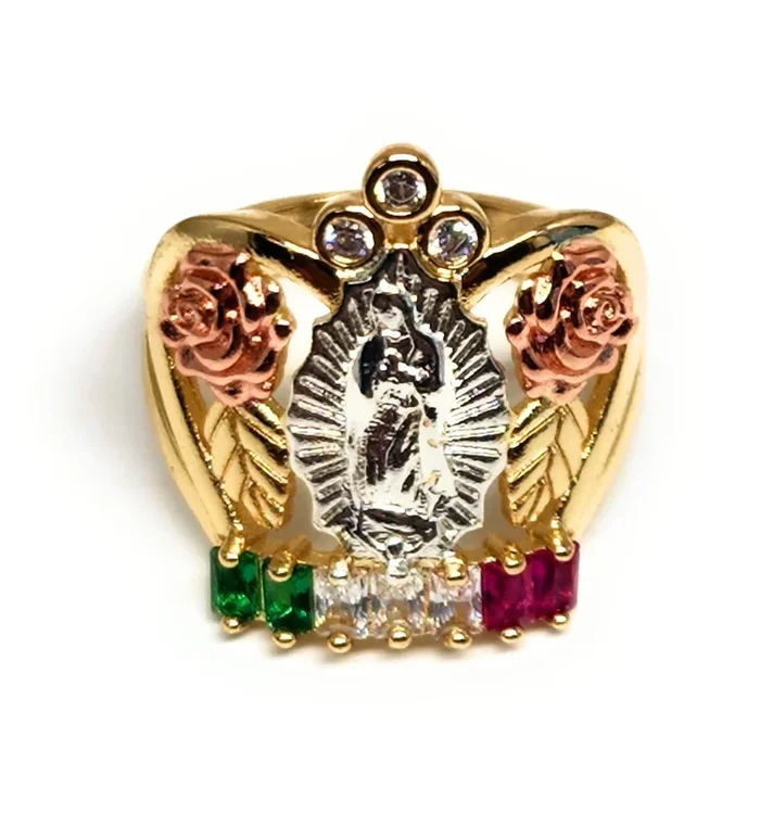 Gold Plated Tri-Color CROWN FLOWER Virgin Mary CZ Ring Virgen Guadalupe Anillo