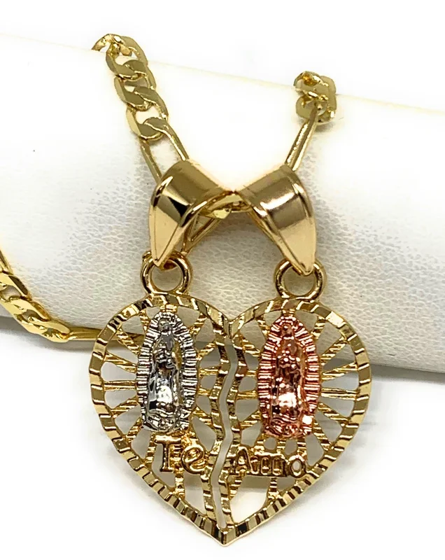 Gold Plated Tri-Color Double Virgin Mary “Te Amo” Heart Split Pendant Necklace 24″ Virgen de Guadalupe