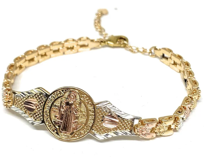 Gold Plated Tri-Color Saint Benedict Bracelet San Benito Pulsera Oro Laminado 8″