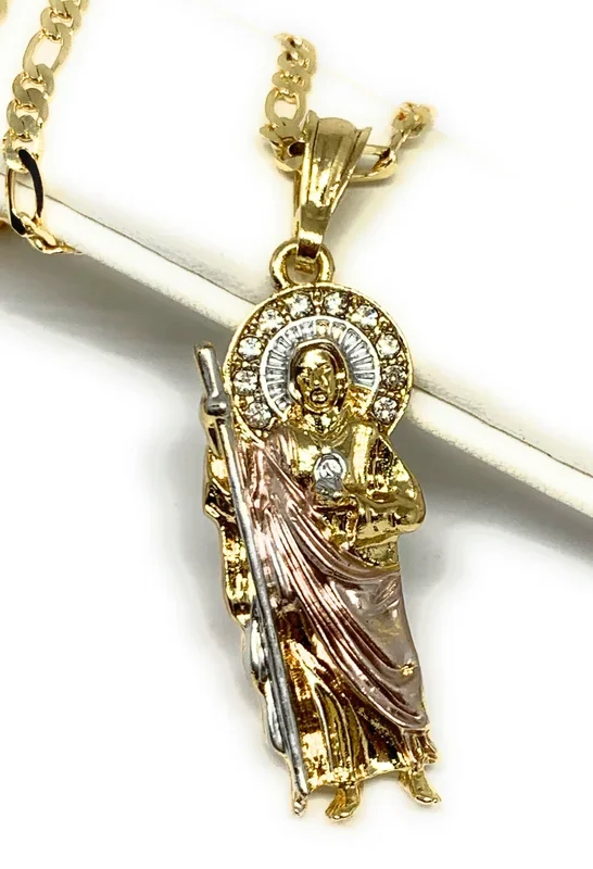 Gold Plated Tri-Color Saint Jude Pendant Necklace Figaro 24″ 4mm San Judas Tadeo Medalla