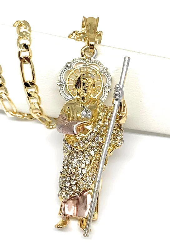 Gold Plated Tri-Color Saint Jude Pendant White CZ Necklace Figaro San Judas Tadeo Medalla
