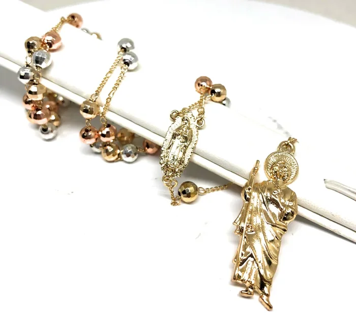 Gold Plated Tri-Color Saint Jude Rosary Necklace San Judas Rosario Crucifijo Oro Tres Colores 26”