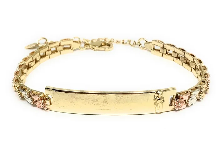 Gold Plated Tri-Color Saint Jude San Judas Flower ID Bracelet 7.5” 5.5mm Width Esclava