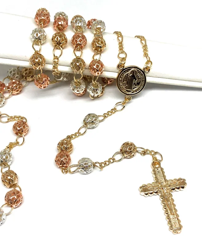 Gold Plated Tri-Color San Benito Rosary Necklace Saint Benedict Rosario Crucifijo Oro Tres Colores 26″