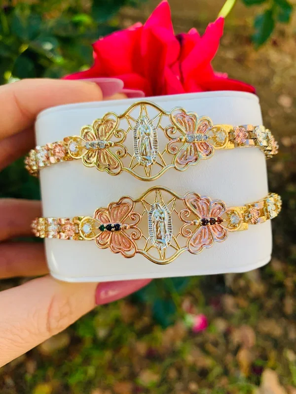 Gold Plated Tri-Color Virgin Mary Butterfly Bracelet Virgen De Guadalupe Pulsera Tres Colores Oro Laminado 8″