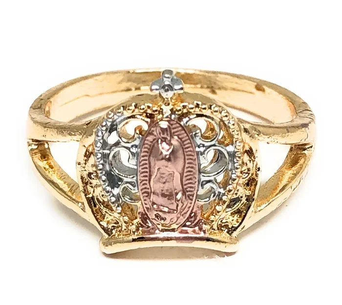 Gold Plated Tri-Color Virgin Mary Crown Ring Virgen Guadalupe Anillo