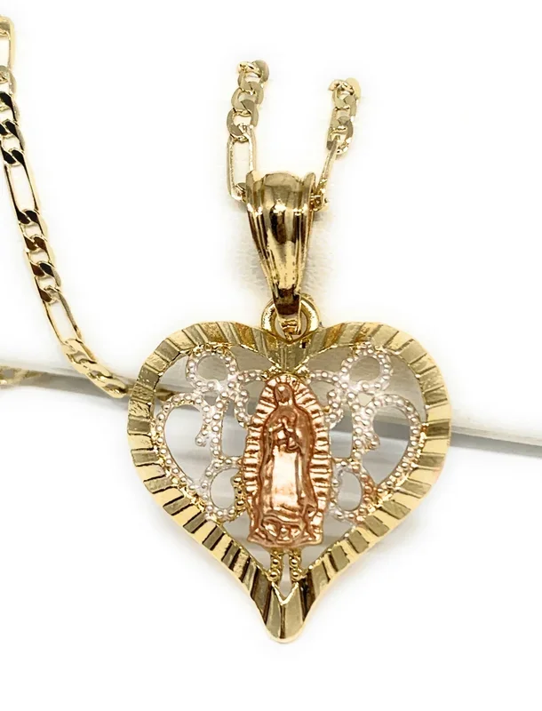 Gold Plated Tri-Color Virgin Mary Filigran Heart Pendant Necklace Figaro 24″ Virgen de Guadalupe Medalla
