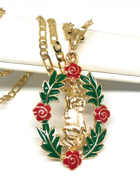 Gold Plated Tri-Color Virgin Mary Flower Pendant Necklace 24″ Virgen de Guadalupe