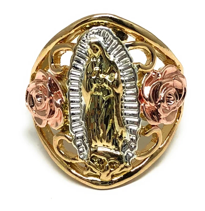 Gold Plated tri-color Virgin Mary Flower Ring Virgen De Guadalupe Anillo Flores