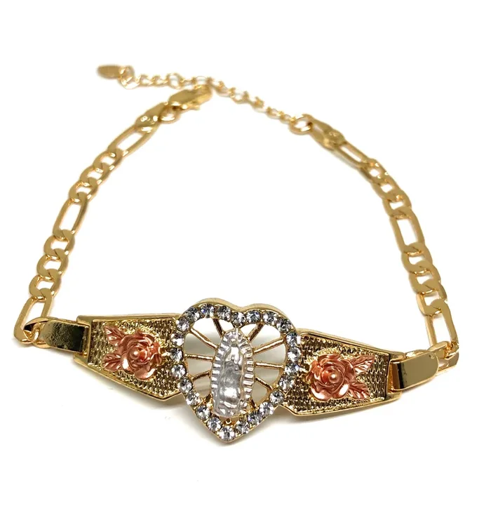 Gold Plated Tri-Color Virgin Mary Heart Bracelet Virgen De Guadalupe Esclava 8″