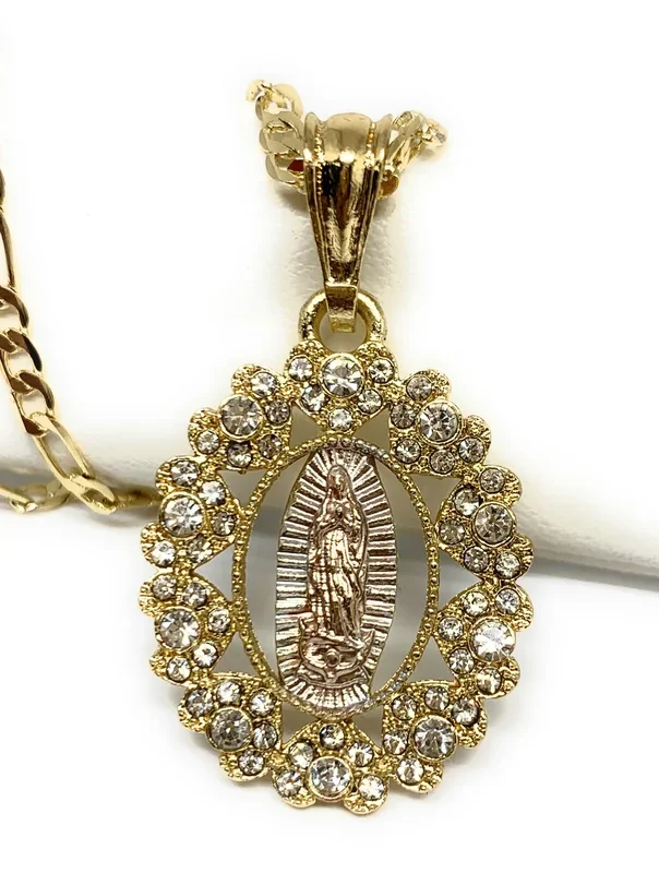 Gold Plated Tri-Color Virgin Mary Oval CZ Elegant Pendant Necklace 24″ Virgen Guadalupe