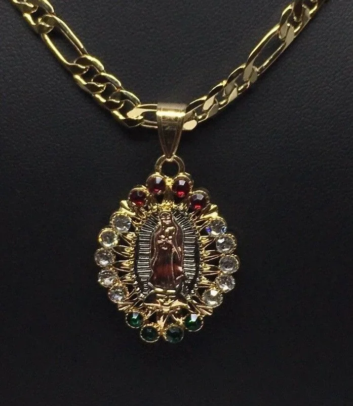 Gold Plated Tri-Color Virgin Mary Pendant Color Stones 26″ Chain / Virgen De Guadalupe Medalla Tres Oros Con Piedras Color Cadena 26″ Oro Laminado