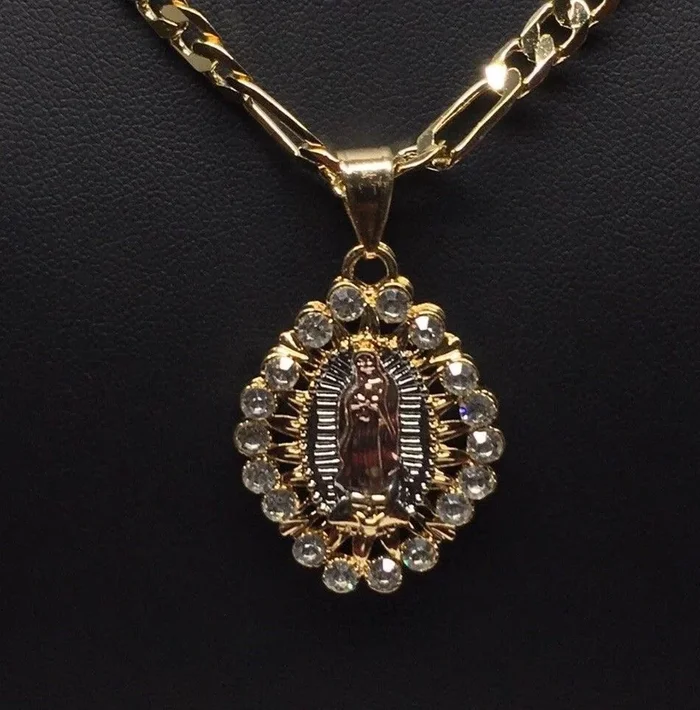 Gold Plated Tri-Color Virgin Mary Pendant White Stones 26″ Chain / Virgen De Guadalupe Medalla Tres Oros Con Piedras Blanca Cadena 26″ Oro Laminado