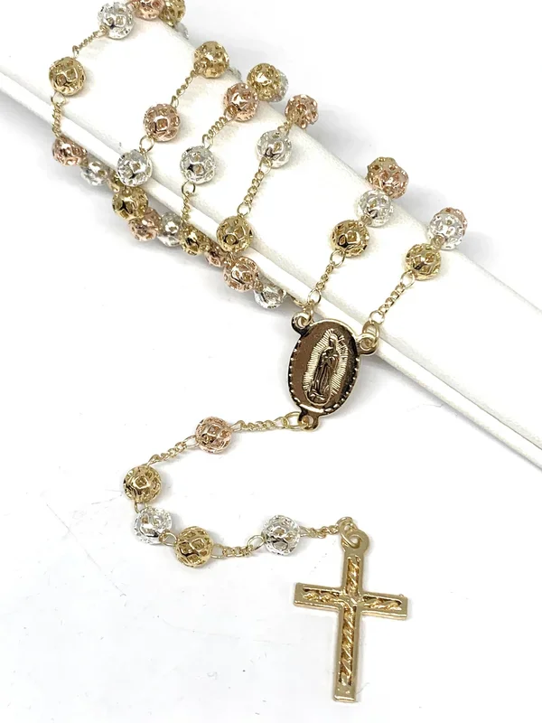 Gold Plated Tri-Color Virgin Mary Rosary Necklace Virgen Guadalupe Rosario Crucifijo Tres Colores 20”