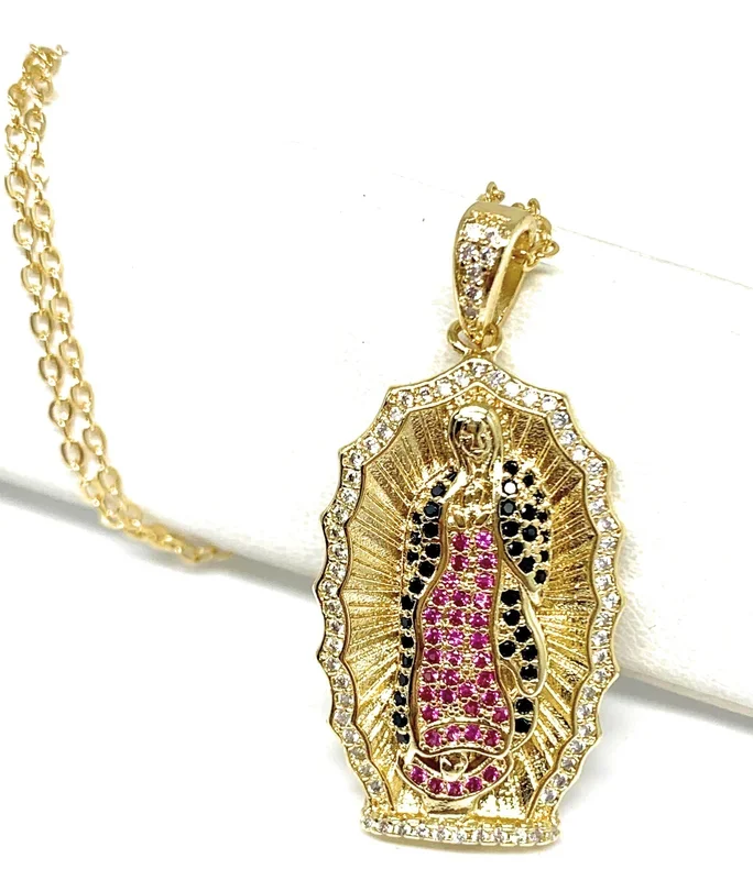 Gold Plated Virgin Mary Colorful Rhinestone Pendant Necklace 20” Virgen de Guadalupe