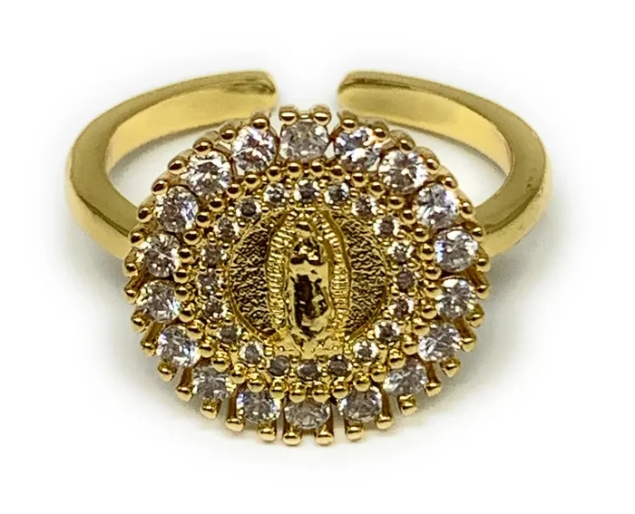 Gold Plated Virgin Mary CZ Ring Virgen De Guadalupe Anillo Adjustable Sizes 6-12