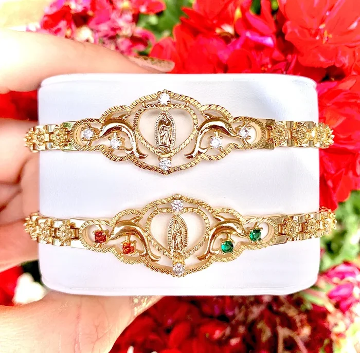 Gold Plated Virgin Mary Dolphin Heart Bracelet Virgen De Guadalupe Pulsera 8″