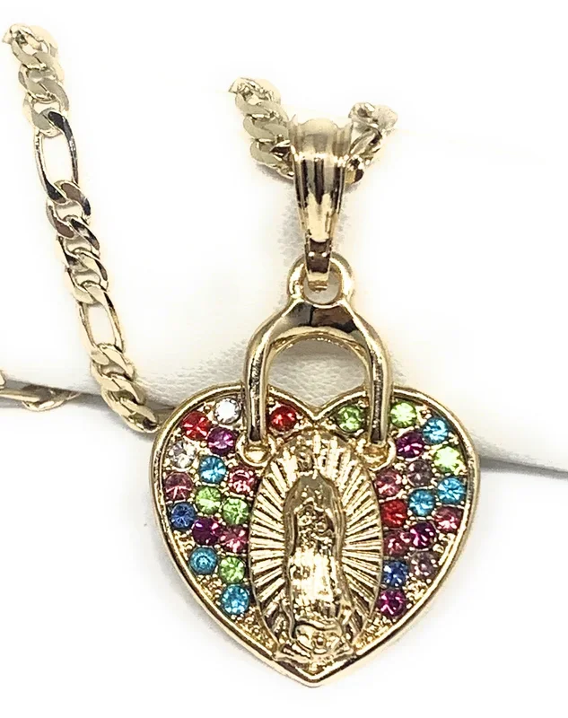 Gold Plated Virgin Mary Heart Colorful Rhinestone Pendant Necklace 24” Virgen Guadalupe