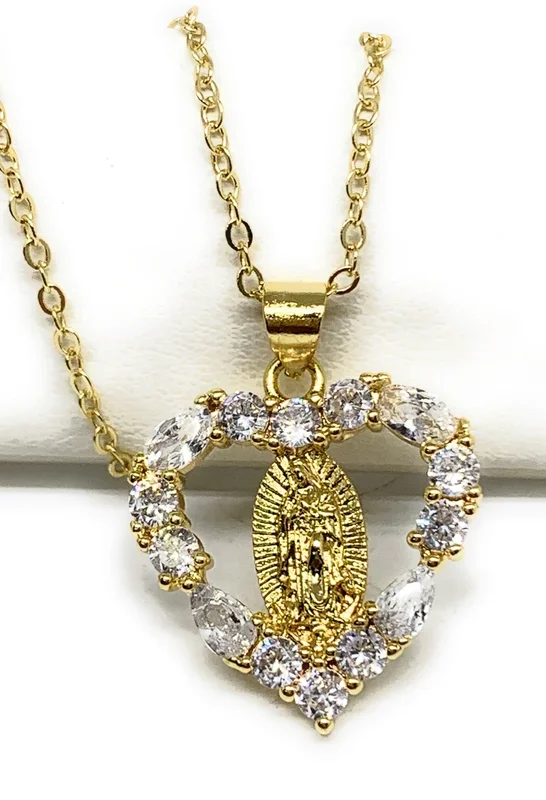 Gold Plated Virgin Mary Heart Cubic Zirconia Pendant Necklace 20” Virgen Guadalupe