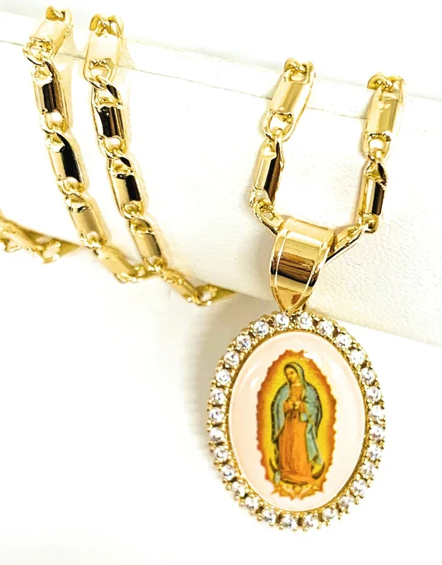 Gold Plated Virgin Mary Image Depiction Pendant Necklace 24” Virgen de Guadalupe Medalla