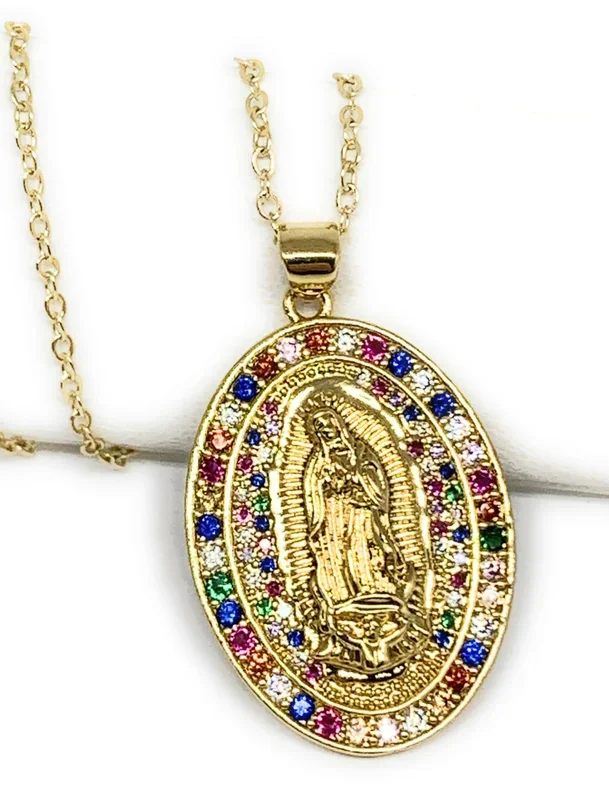 Gold Plated Virgin Mary Oval Colorful Rhinestone Pendant Necklace 20” Virgen Guadalupe