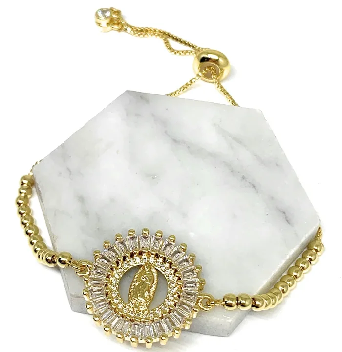 Gold Plated Virgin Mary Yellow CZ Bracelet Virgen De Guadalupe Pulsera 8″ Adjustable