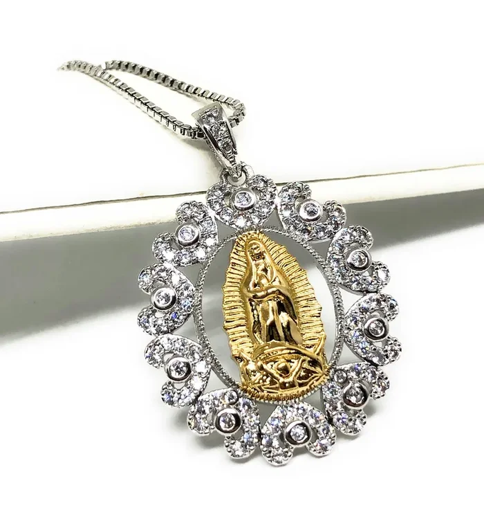Gold Plated White Gold Virgin Mary Pendant Necklace CZ 20” Virgen de Guadalupe