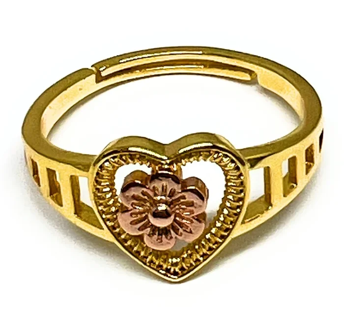 Gold Plated Yellow & Rose Heart Flower Ring Anillo Adjustable Sizes (5-12)