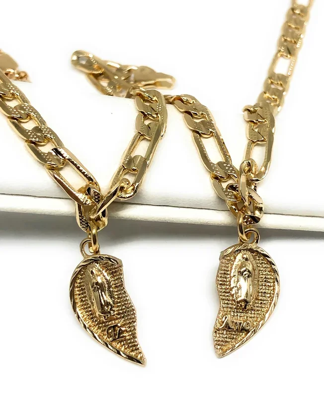 Gold Plated Yellow Double Virgin Mary “Te Amo” Heart Split Pendant TWO BRACELET SET 7.5”