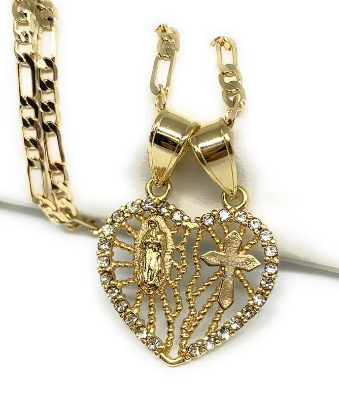 Gold Plated Yellow Virgin Mary Heart & Cross Heart Split Pendant Necklace 24″ Virgen de Guadalupe