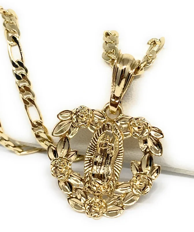 Gold Plated Yellow Virgin Mary Heart Flower Pendant Necklace 24″ Virgen de Guadalupe Medallas