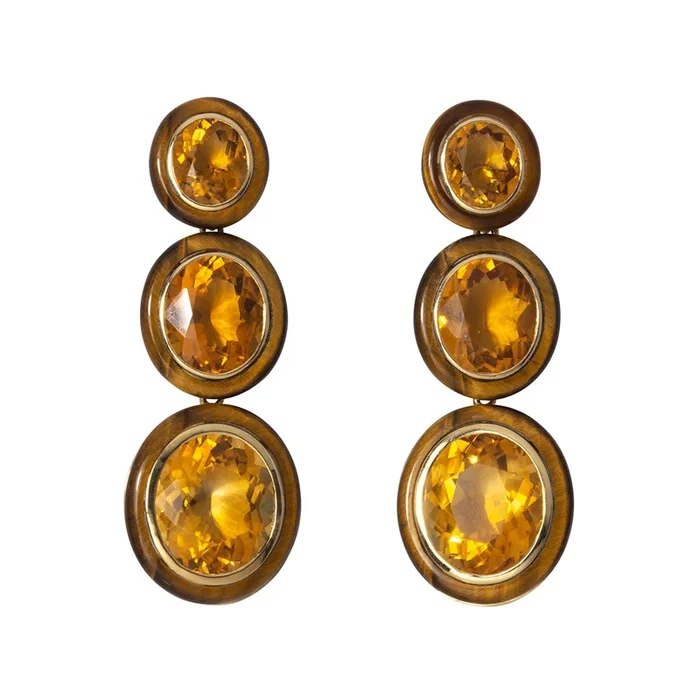 Goshwara Oval Citrine & Tiger’s Eye Inlay 18K Gold Drop Earrings