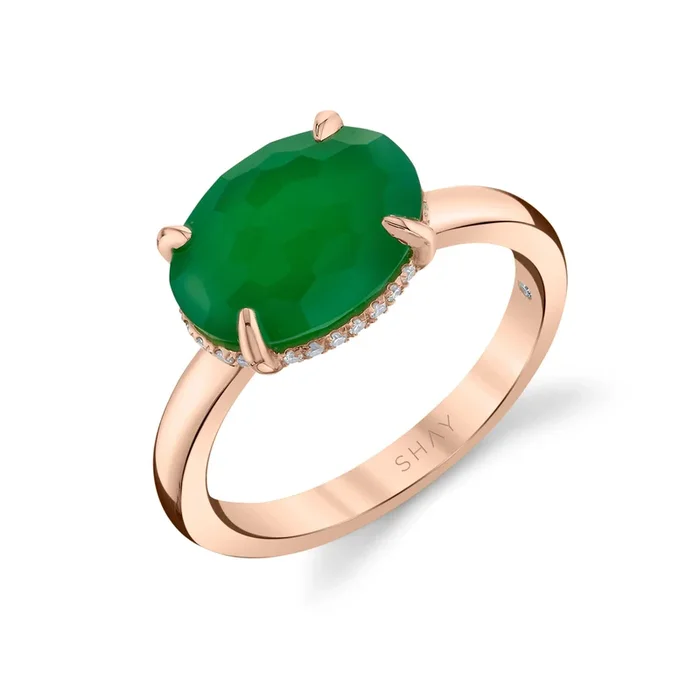 GREEN AGATE & DIAMOND GEM RING