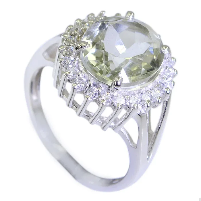 Green Amethyst Halo French 92.5 Silver Green Gemstone Edgy Trendy Ring Jewelry