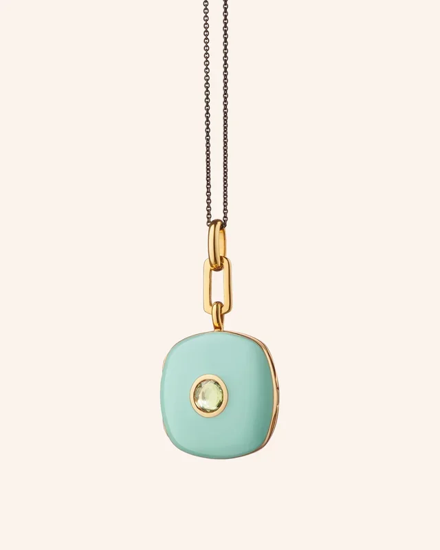 Green Enamel Vermeil Cushion Locket with Green Sapphire