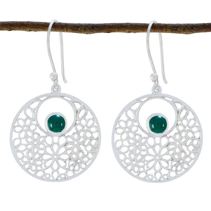 Green Onyx Egyptian Constanza Solitaire Dangle Green Silver Earring
