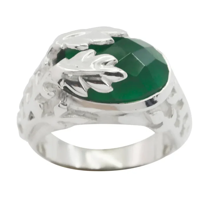 Green Onyx Solitaire Indian Sterling Silver Green Gemstone Essential Leafy Ring Jewellery