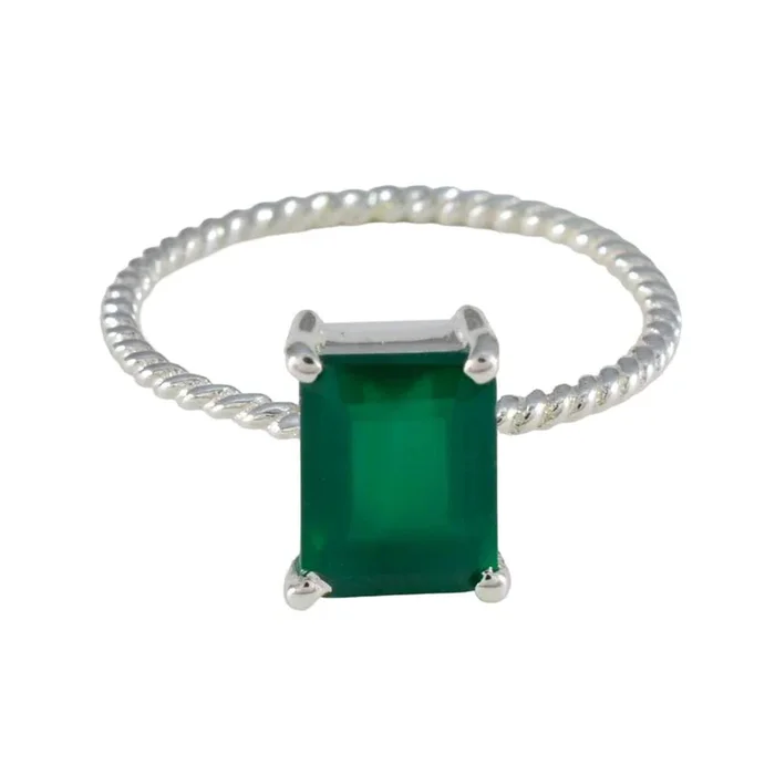 Green Onyx Solitaire Japanese 925 Silver Green Gems Delicate Twist Ring Jewelry