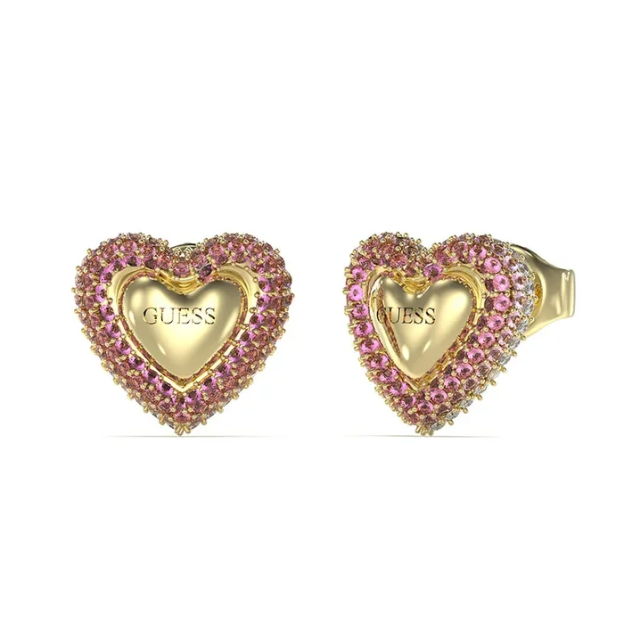 Guess Gold Plated Stainless Steel 13mm Pave Heart Stud Earrings