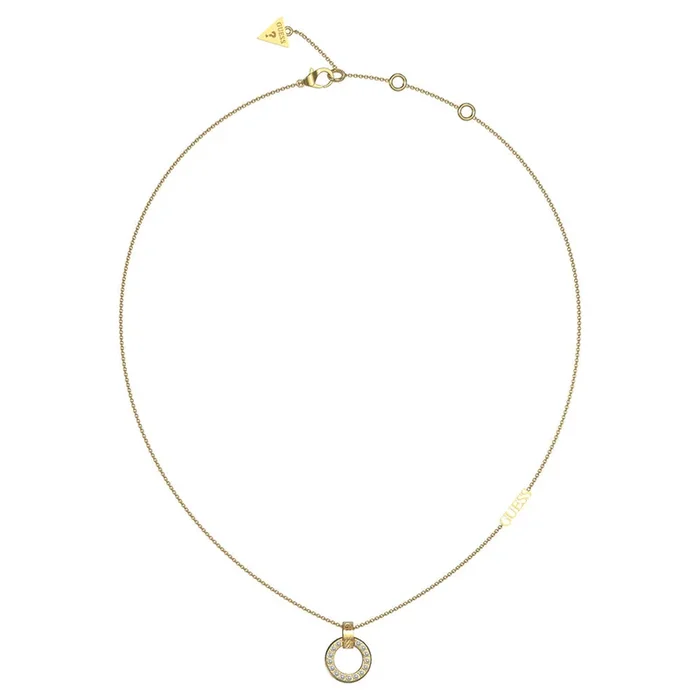 Guess Gold Plated Stainless Steel Pave Circle Pendant On 16-18″ Chain