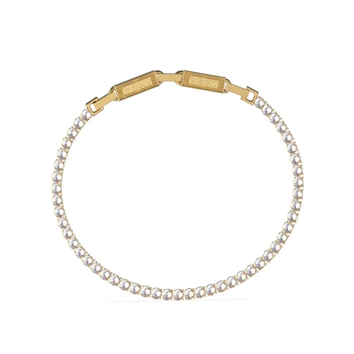 Guess Men’s Jewellery Stainless Steel Gold Plated Clear Tennis Gold Logo Buckle Bracelet