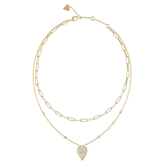 Guess Stainless Steel Gold Plated Pave Heart 16-18″ Double Chain