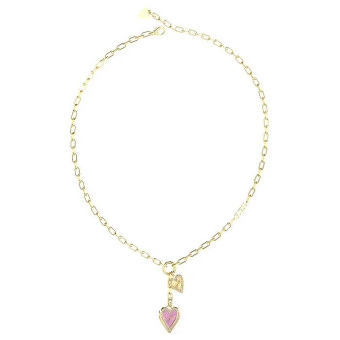 Guess Stainless Steel Gold Plated Pink Double Heart Pendant On 16-18 Chain
