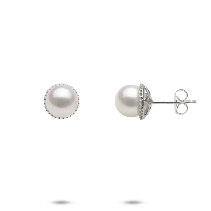 Halo Akoya White Pearl Earrings in White Gold with Diamonds – 8-8.5mm