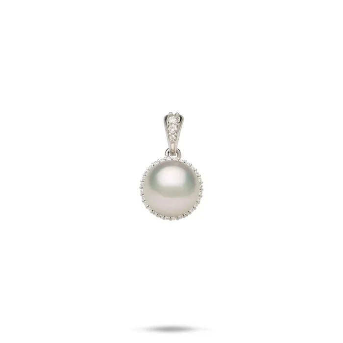 Halo Akoya White Pearl Pendant in White Gold with Diamonds – 8mm