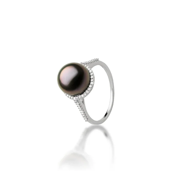 Halo Tahitian Black Pearl Ring in White Gold with Diamonds – 9-10mm