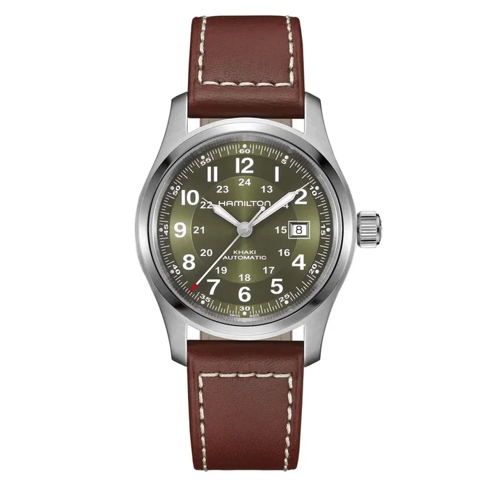 Hamilton Khaki Field automatic watch, khaki dial, brown leather strap, 42 mm H70605560 – Lepage
