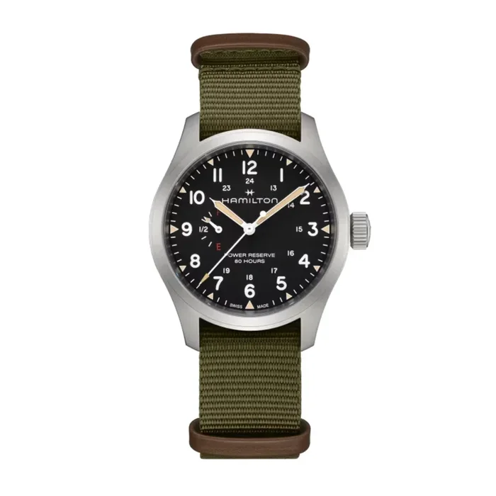 Hamilton Khaki Field Power Reserve mechanical watch with black dial and khaki NATO strap, 40 mm H69509930 – Lepage